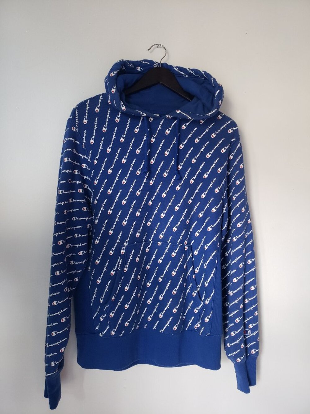 Vtg 90's Champion All Over Print Reverse Weave Blue Hoodie Hooded Sweatshirt